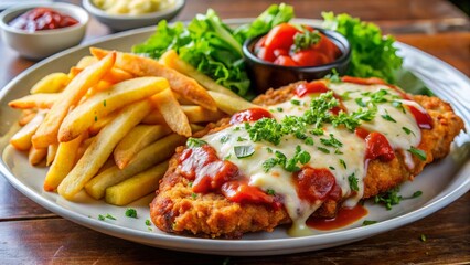 Australian Chicken Parmigiana
Breaded chicken parm with marinara and cheese, fries and salad side, Aussie pub vibe.