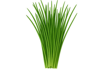 Fresh chives closeup, green herb stems presenting vibrant flavor against pristine transparent backdrop