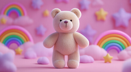 Obraz premium Cute teddy bear with pastel rainbow and stars on a pink background