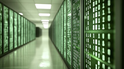 Server room filled with glowing binary code displays.