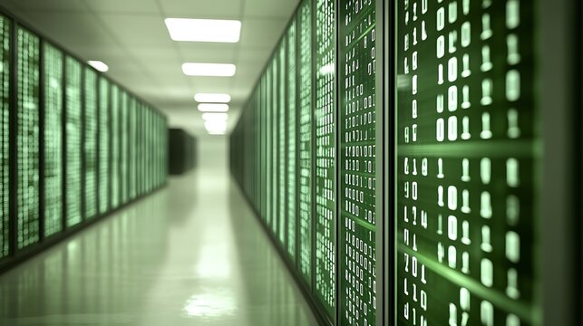 Server room filled with glowing binary code displays.