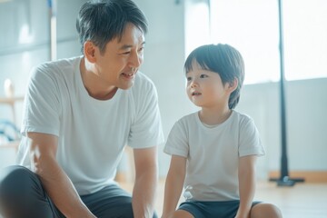 Pediatric physiotherapist assists child with mobility exercises in a bright indoor therapy space