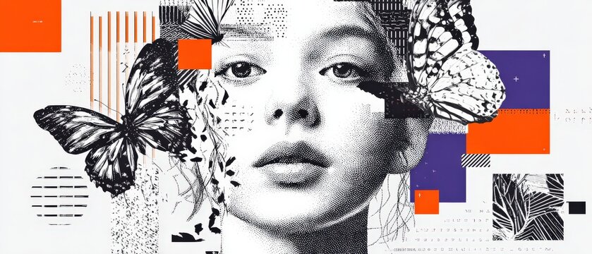 Artistic portrait of a young woman with butterfly illustrations and geometric shapes in a modern collage Concept of beauty, creativity, and digital art