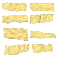 Set of yellow torn and wrinkled paper scraps. Designed for creative layering, vintage-style compositions, and graphic use. Each piece varies in size and shape, with rough, uneven edges.