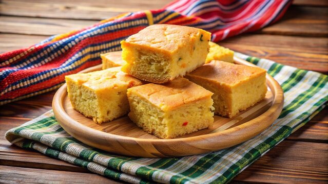 Paraguayan Sopa Paraguaya
Savory cornbread served warm, thick slices, wooden tray and traditional woven fabric mat.