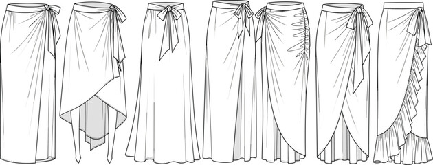 CAD drawing flat vector illustration of women’s wrap skirts, fashion technical sketch, front view, various styles, isolated design template