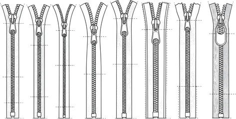 CAD drawing flat vector illustration of various zipper designs, fashion hardware sketch, technical garment accessory, detailed front views, isolated template © Hasem Creative
