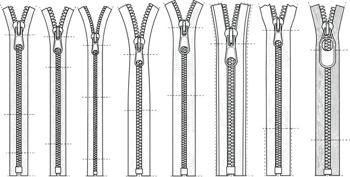 CAD drawing flat vector illustration of various zipper designs, fashion hardware sketch, technical garment accessory, detailed front views, isolated template