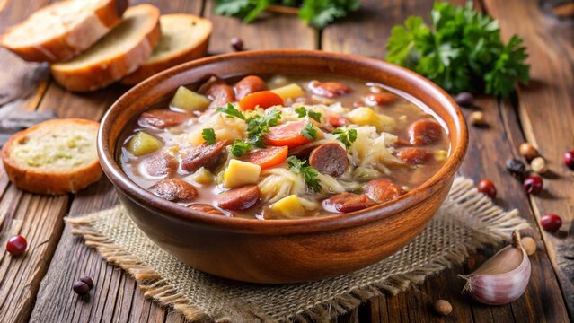 Slovenian Jota (Bean & Sauerkraut Stew)
Bean and sauerkraut stew steaming in ceramic bowl, cured meat pieces floating, homey feel.
