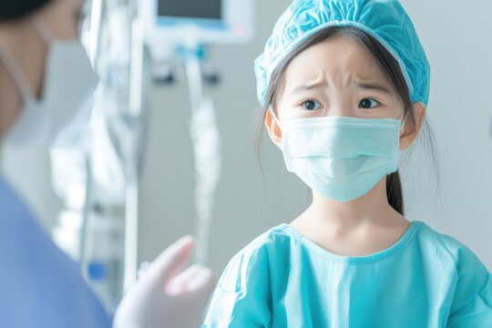 Child feels anxious before surgery with supportive nurse discussing procedure