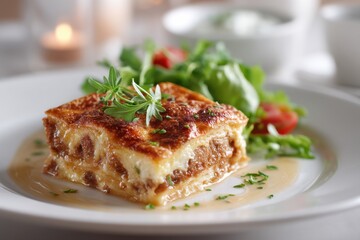 Moussaka plated with fresh salad and tzatziki in an inviting dining setting