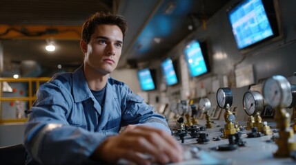 An industrial factory worker attentively monitors various controls and gauges in a manufacturing facility. The setting features multiple screens displaying important data