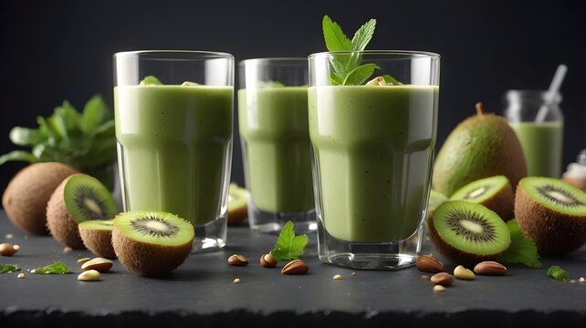 Kiwi smoothie with fresh fruit in a glass on white background