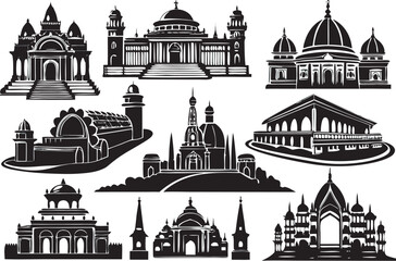 Collection of White Ink Style Silhouettes of Historic Buildings and Landmarks vector