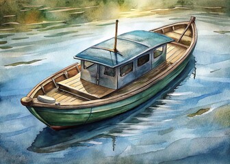 Obraz premium Colorful Boat Watercolor Illustration Calm Reflections Nature Scenic Art
