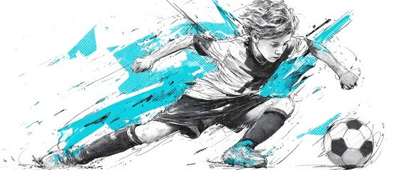 Energetic boy dribbling soccer ball with artistic splash effect Child athlete in action with dynamic movement and vibrant blue accents Concept of youth sports, skill, and energy
