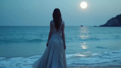 Serene Moonlight Gaze: Woman by the Ocean at Night - Powered by Adobe