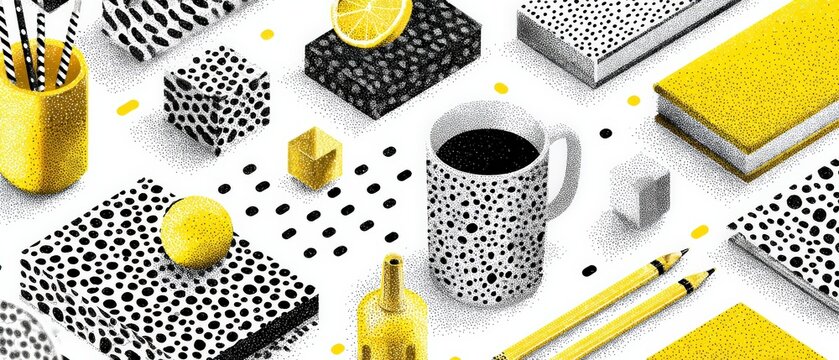 Isometric workspace with yellow and black stationery, coffee mug, and lemon slice on a white background Concept of creative office, design, and modern art