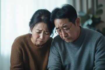 Obraz premium Emotional conversation between a middle-aged couple dealing with the loss of their breadwinner at home