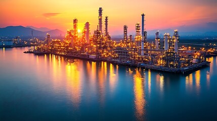 Fototapeta premium Industrial complex by the water at sunset.