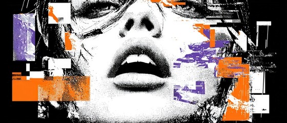 Abstract halftone portrait of a young woman with glitch art elements in orange and purple, creating a modern and edgy digital art design