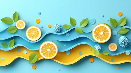 Citrus slices and leaves arranged in wavy layers on a light blue background.