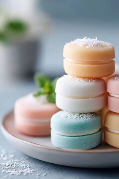 Colorful Kue Cubir cakes attractively stacked and garnished with coconut
