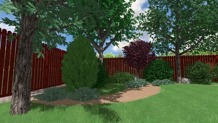 3d image of the landscape design of the home territory. Landscaping of the territory. Computer visualization of composite landscaping and landscaping solutions.