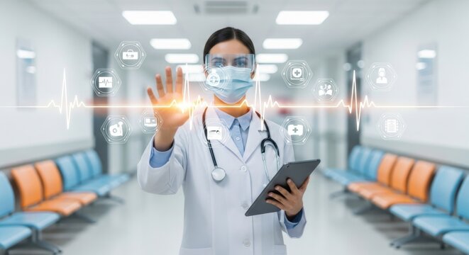 A doctor in a hospital corridor interacts with a futuristic digital interface displaying medical data and icons