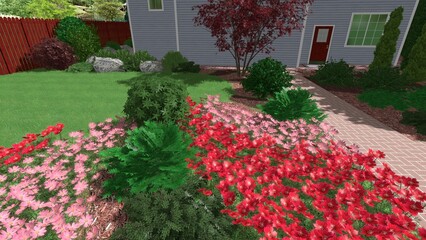 3d image of the landscape design of the home territory. Landscaping of the territory. Computer visualization of composite landscaping and landscaping solutions.
