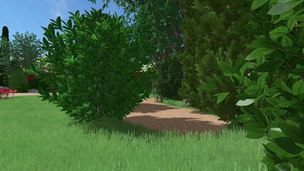 3d image of the landscape design of the home territory. Landscaping of the territory. Computer visualization of composite landscaping and landscaping solutions.