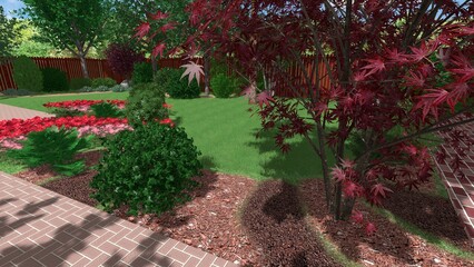 3d image of the landscape design of the home territory. Landscaping of the territory. Computer visualization of composite landscaping and landscaping solutions.