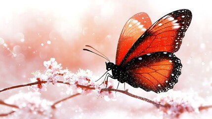Obraz premium A butterfly rests delicately on a branch of flowering trees.