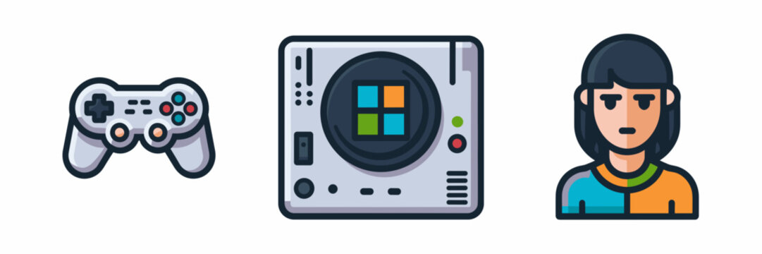 Flat design vector icons of game controller, console, and avatar