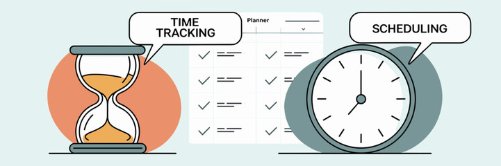 Vector illustration of hourglass and clock icons with speech bubbles and planner background – Ideal for time tracking platforms, scheduling tools, or productivity branding.