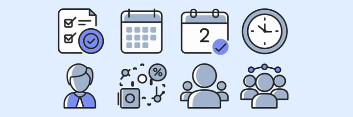 Task management icons for business productivity with checklist, calendar, and clock