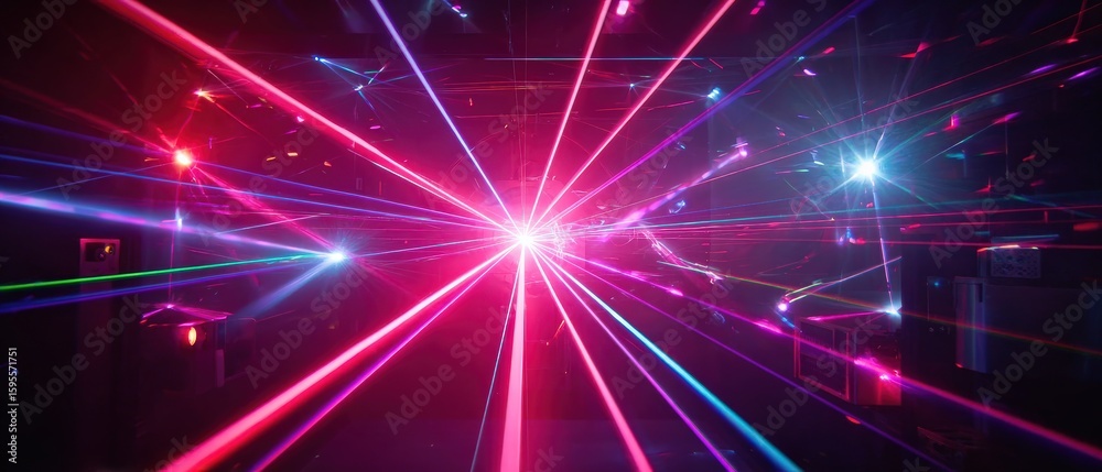 Sticker vibrant laser show with colorful beams in a dark room, creating a dynamic and energetic atmosphere c