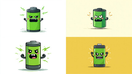Cartoon battery character shows an angry expression, with energy bolts vibrant green, color.