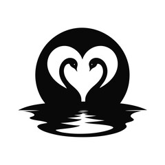 Elegant black silhouette of two swans beneath a luminous moonlit sky