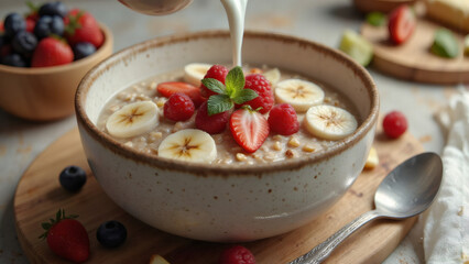 Healthy Oatmeal Breakfast Bowl with Fresh Berries, Banana, and Milk Pouring Over