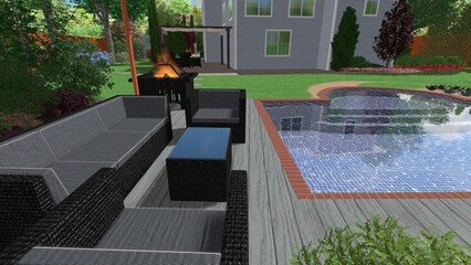 3d image of the landscape design of the home territory. Landscaping of the territory. Computer visualization of composite landscaping and landscaping solutions.