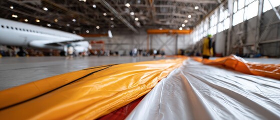 Aircraft maintenance in hangar with safety equipment and blurred airplane Concept of aviation, engineering, and industrial safety