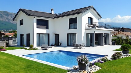 Modern house with a swimming pool and landscaped garden.