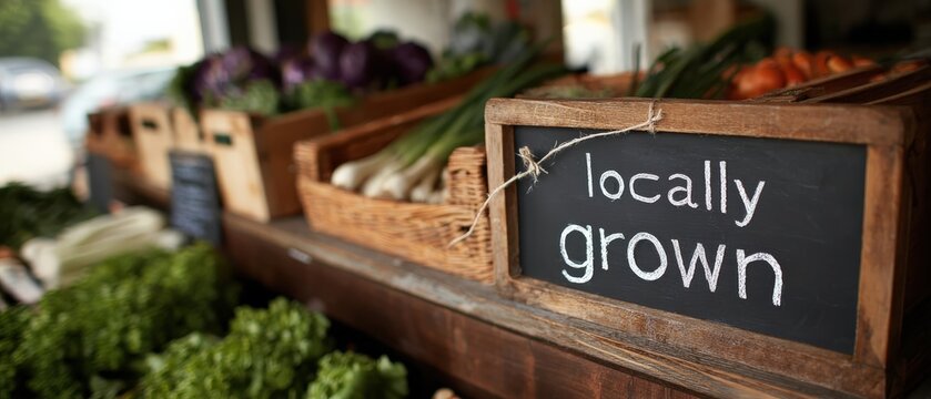 Fresh Locally Grown Vegetables Displayed at Farmers Market on Wooden Stand with Chalkboard Sign Promoting Healthy Eating and Sustainable Agriculture