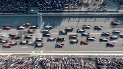 Formula 1 race in full speed, with cars racing down the track from above.