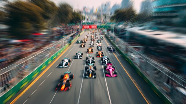 Formula 1 cars compete in a high-speed race on a city track, creating a blur of motion.