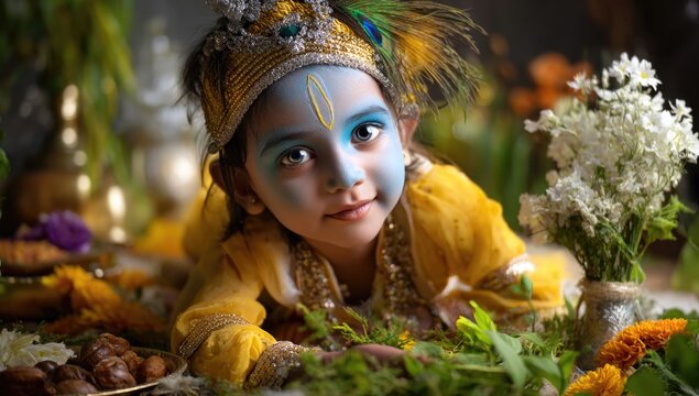 Happy Janmashtami celebration: Hindu holiday, Krishna birth, adorable toddler, smiling baby, blue color, yellow dress, young deity, cute infant, Rohini Ashtami, Gokulashtami ritual, Srikrishna Jayanti