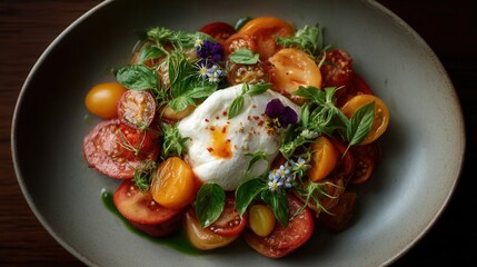Heirloom tomato salad with burrata and edible flowers on handmade ceramic plate