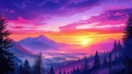 Vibrant hues paint the sky over majestic mountains and a mystical forest in Yosemite National Park