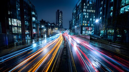 Nighttime city scene with long exposure light trails, reflecting on a wet road